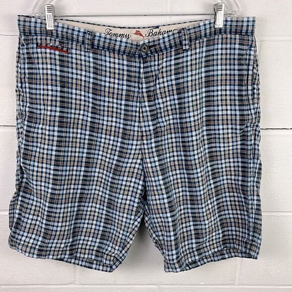 Tommy Bahama men’s blue plaid linen shorts - Picture 1 of 6